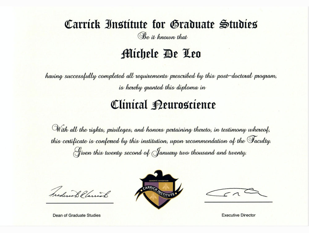 Diploma Carrick Institute for Graduate Studies in Clinical Neuroscience - Dr Michele de Leo